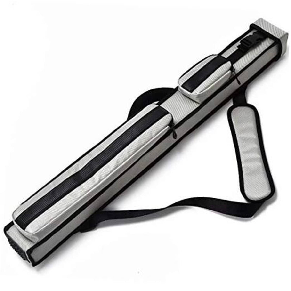 Silver gray hard pool cue case with black trim, front compartments, and carry handle strap