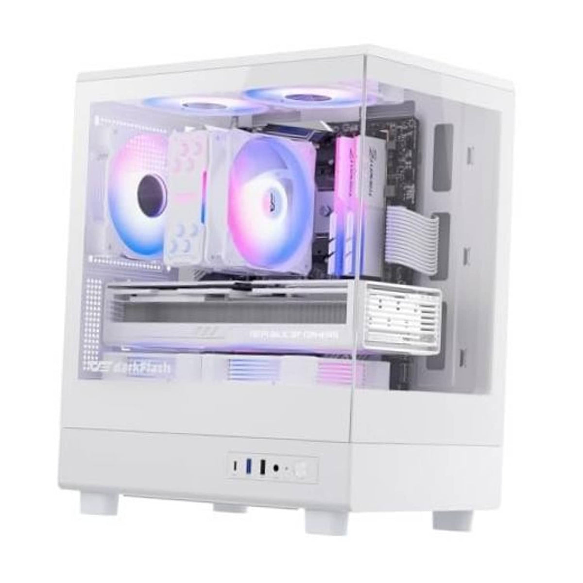 White micro-ATX PC case with clear side panel showing three ARGB cooling fans