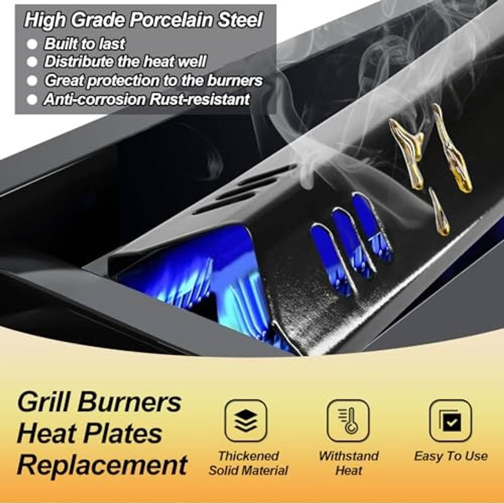 Black grill heat plate with burner opening and blue flame cutaway illustration