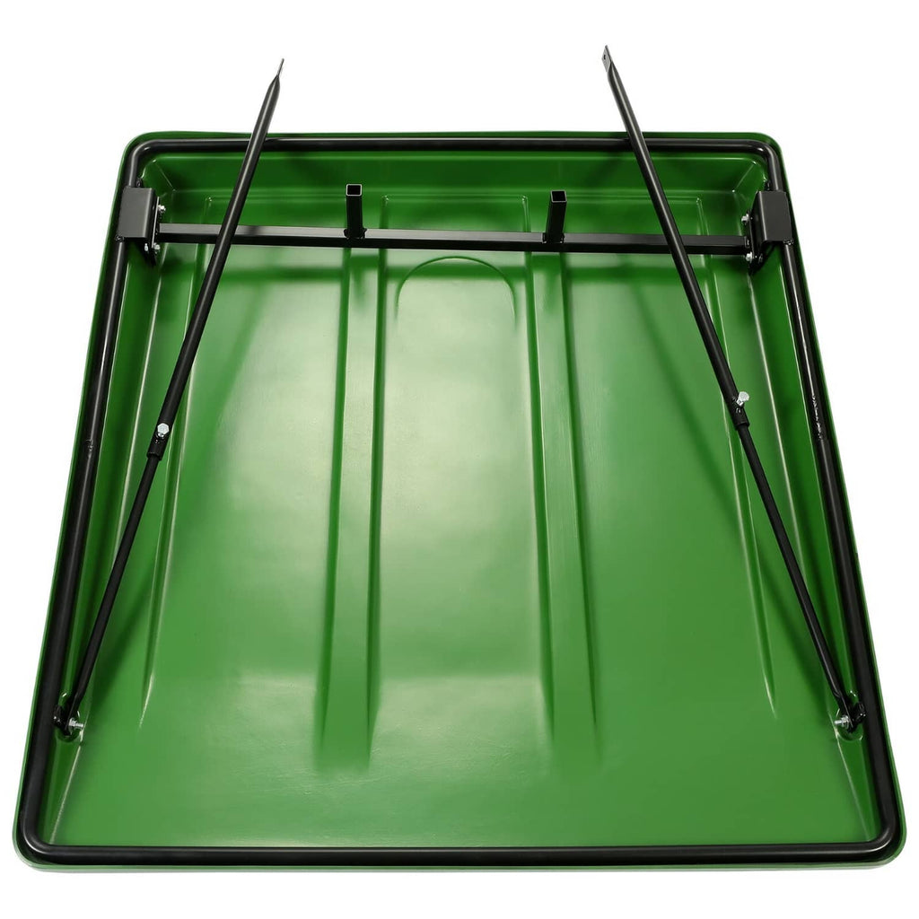 Green sun shade canopy interior with support rails and four angled legs