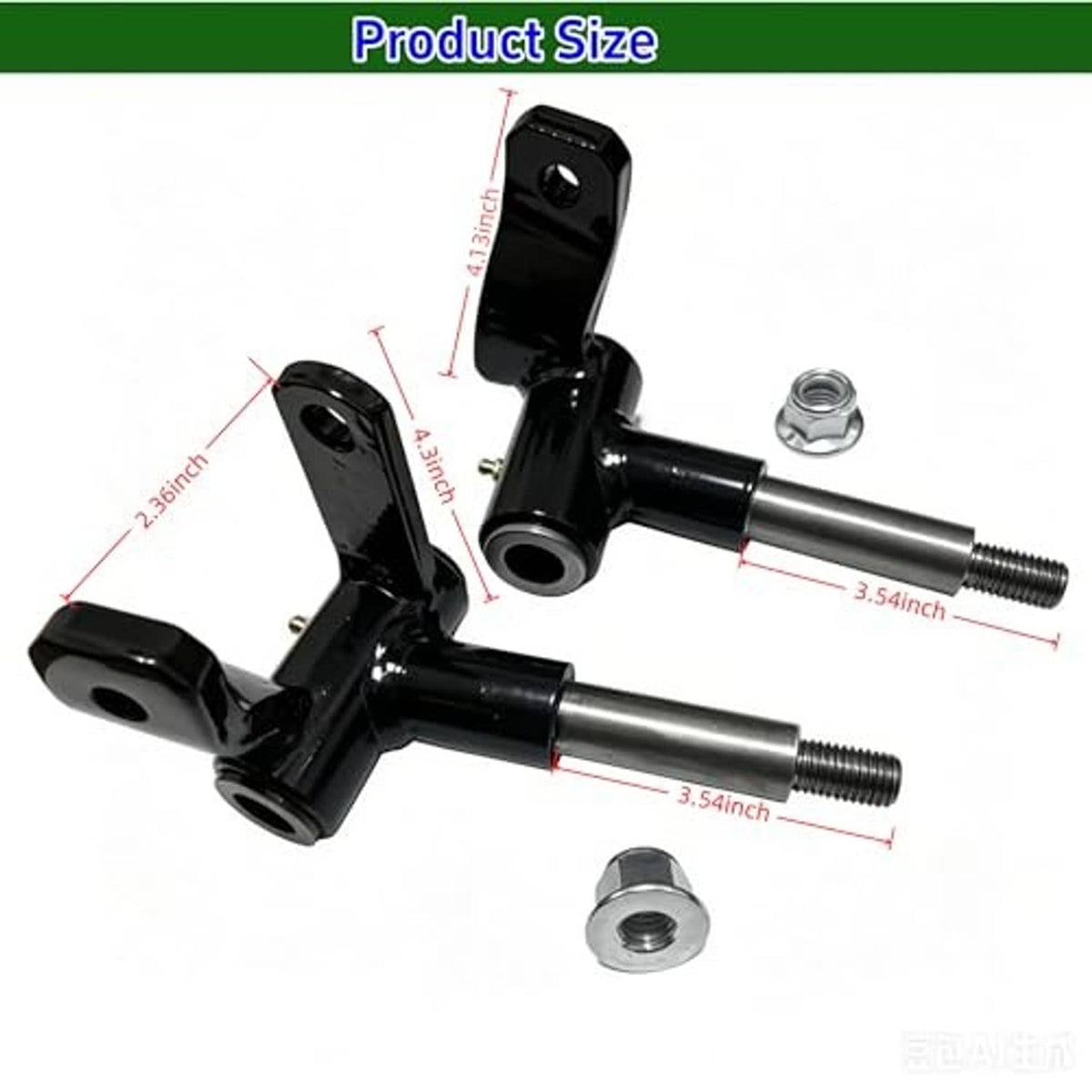 Golf cart front hand spindle set with size measurements, black spindles and silver shafts