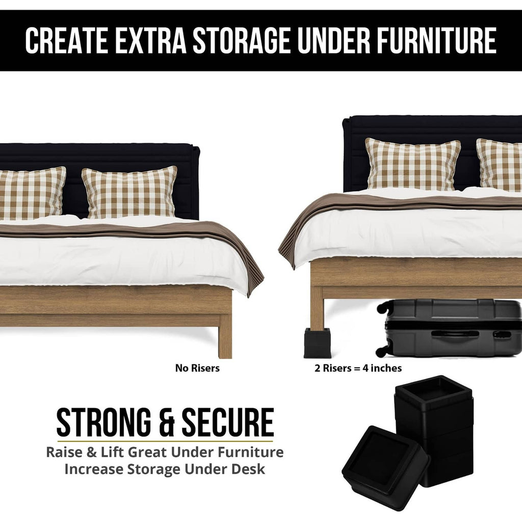 Black under-bed storage risers raising the bed with stackable square blocks