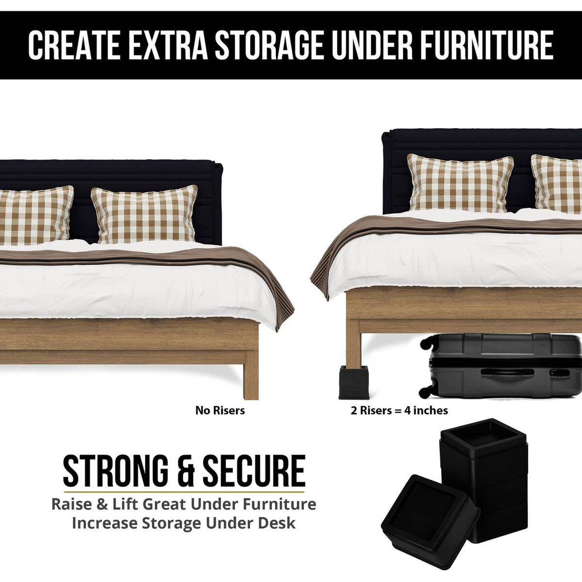 Black under-bed storage risers raising the bed with stackable square blocks
