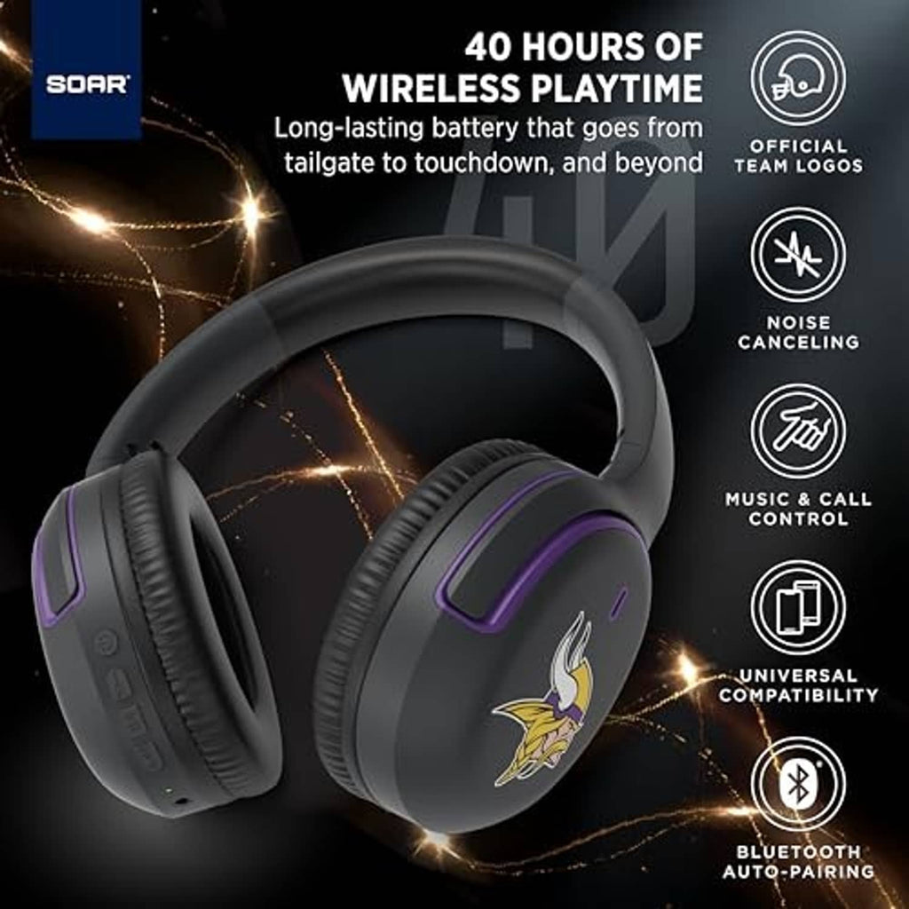 Dark gray over-ear active noise cancelling headphones with Packers logo and purple accent bars