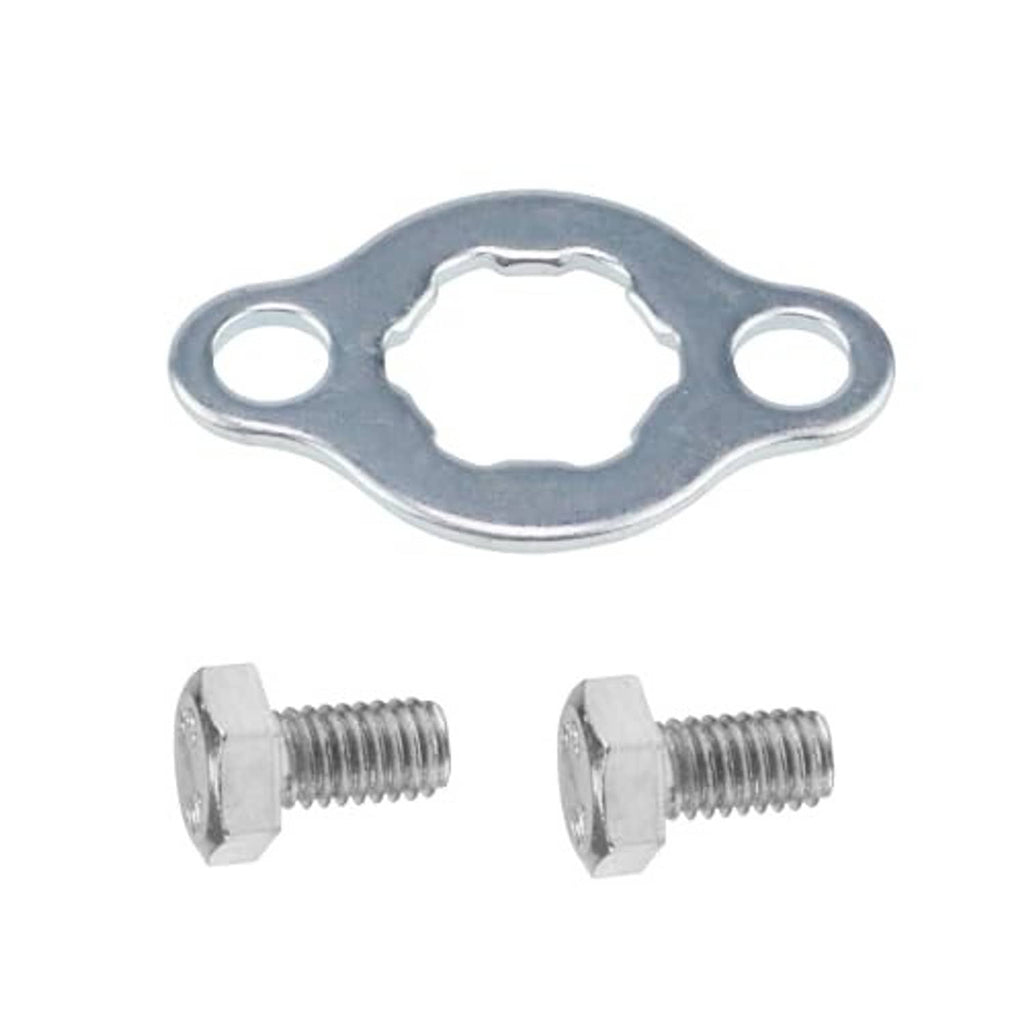 Steel sprocket mounting bracket with two bolts and washer ring, silver finish