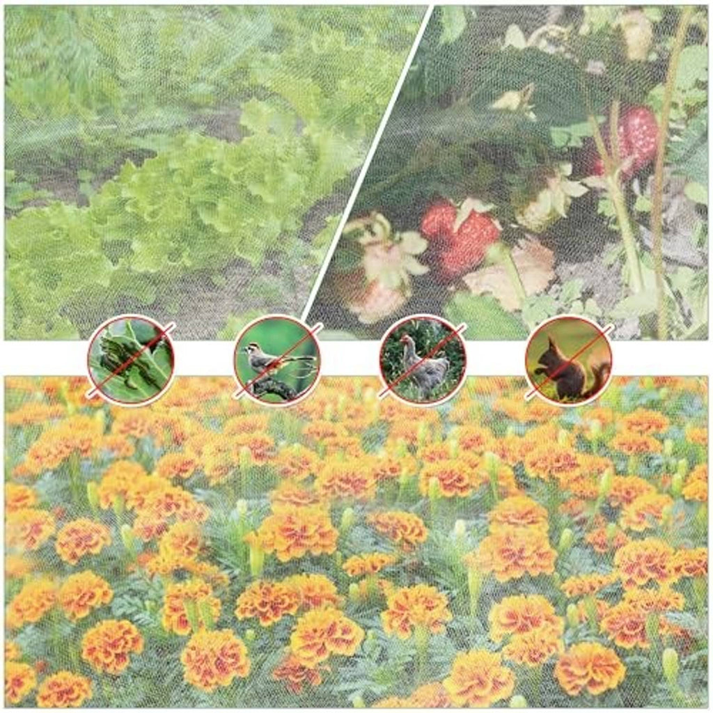 Garden netting cover with fine mesh over flower bed, secured around plants