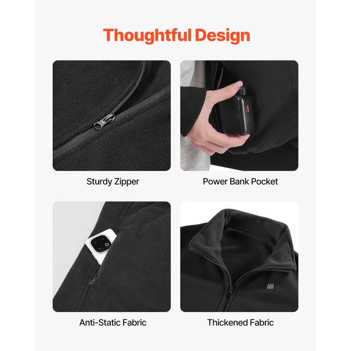Black heated fleece jacket details: sturdy zipper and power bank pocket