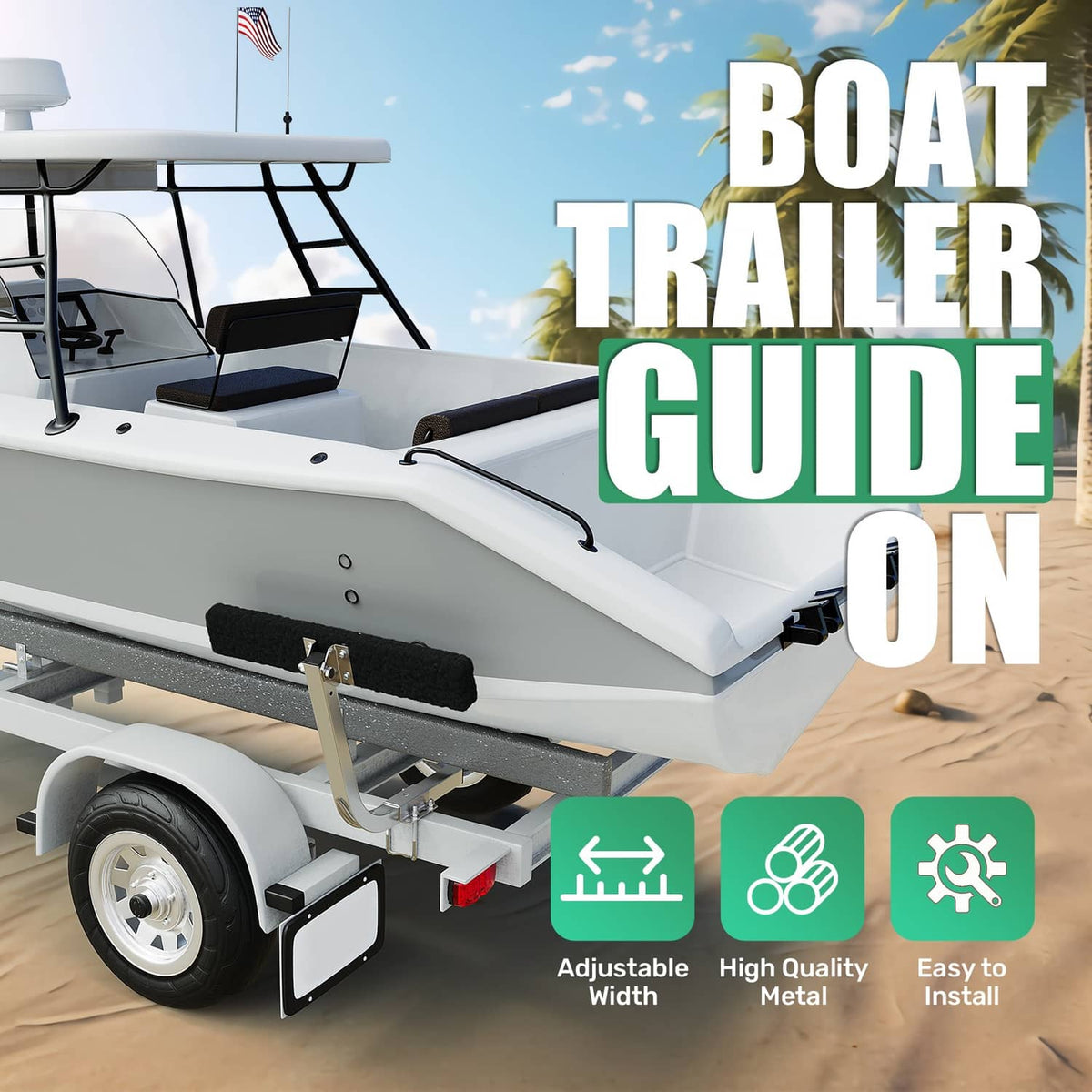 Boat trailer guide-on bunk board guides on the trailer rail with black carpet pads