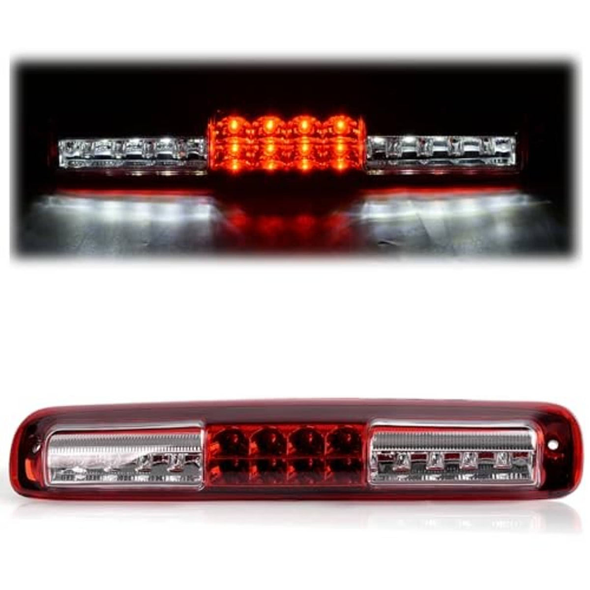 Red LED third brake light bar with central amber-red light rows and clear end caps