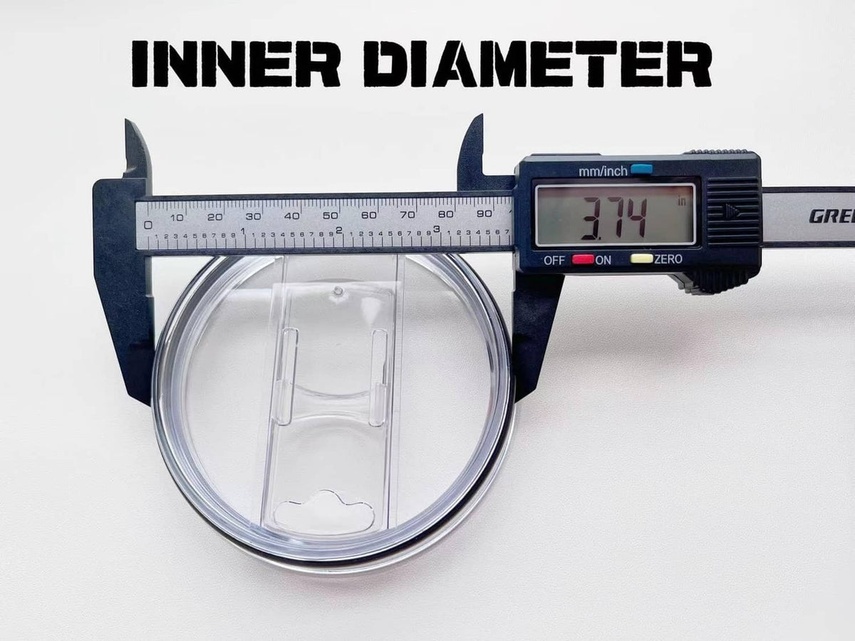 Replacement tumbler lid with inner diameter gauge and clear plastic lid panel