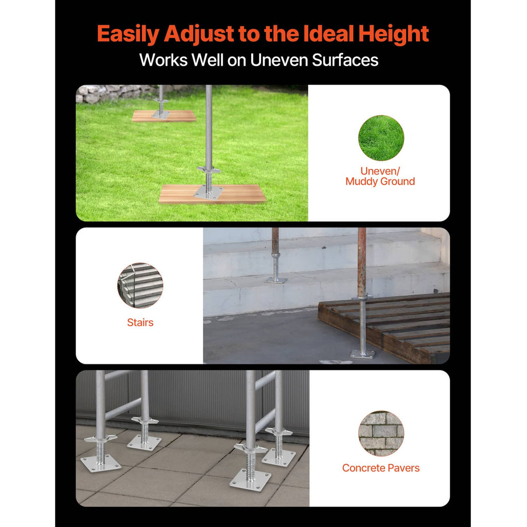 Leveling jack feet with threaded screws and square plates for uneven surfaces