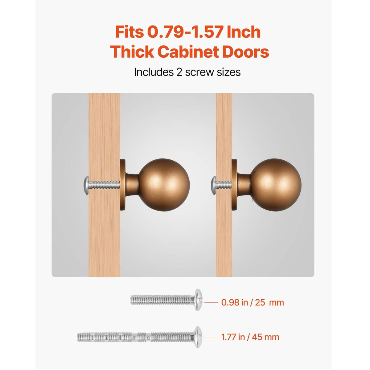 Round antique brass cabinet knobs for thick doors, shown with two screw lengths