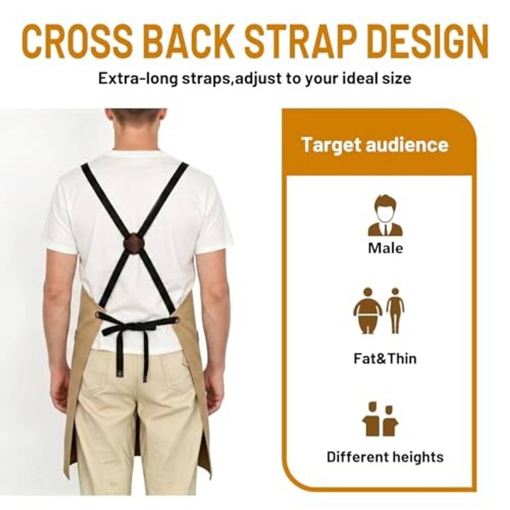 Back view of khaki apron with cross-back strap design and adjustable neck straps.