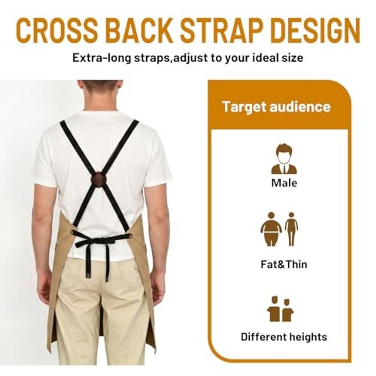 Back view of khaki apron with cross-back strap design and adjustable neck straps.