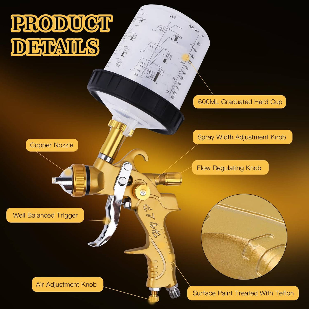 Gold HVLP spray gun with white 600ML graduated hard cup and adjustable knobs