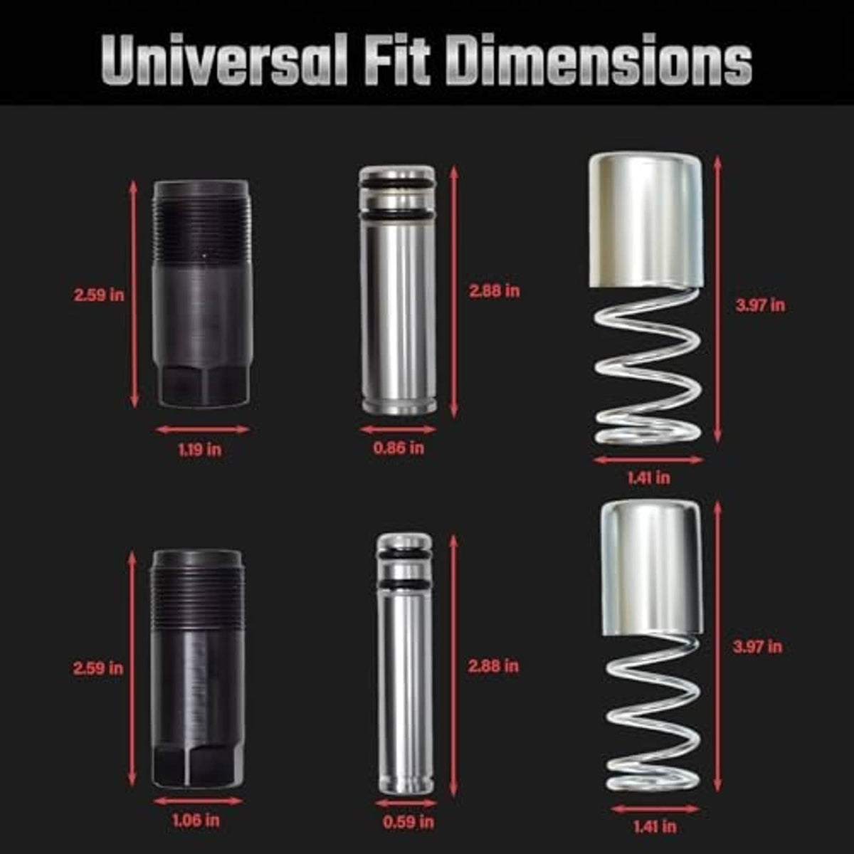 Repair kit component size diagram showing plunger bodies, cylinder sleeves, and springs