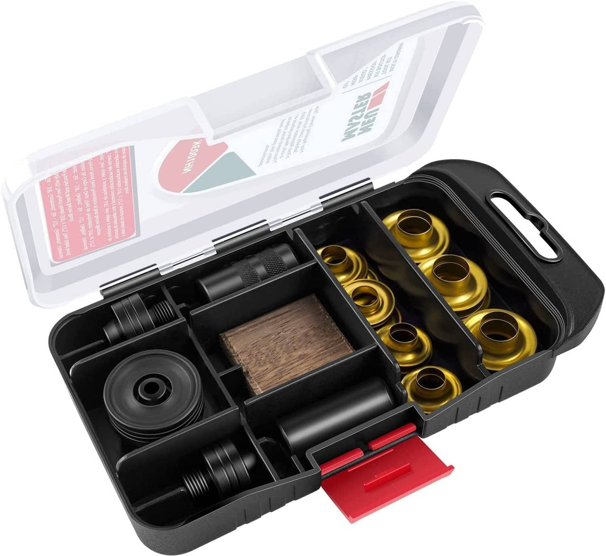 Grommet kit case with solid brass eyelets, washers, and hole punch tools in compartments