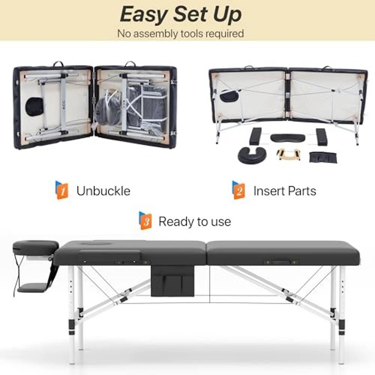 Foldable massage table with open travel case, showing included parts for quick setup