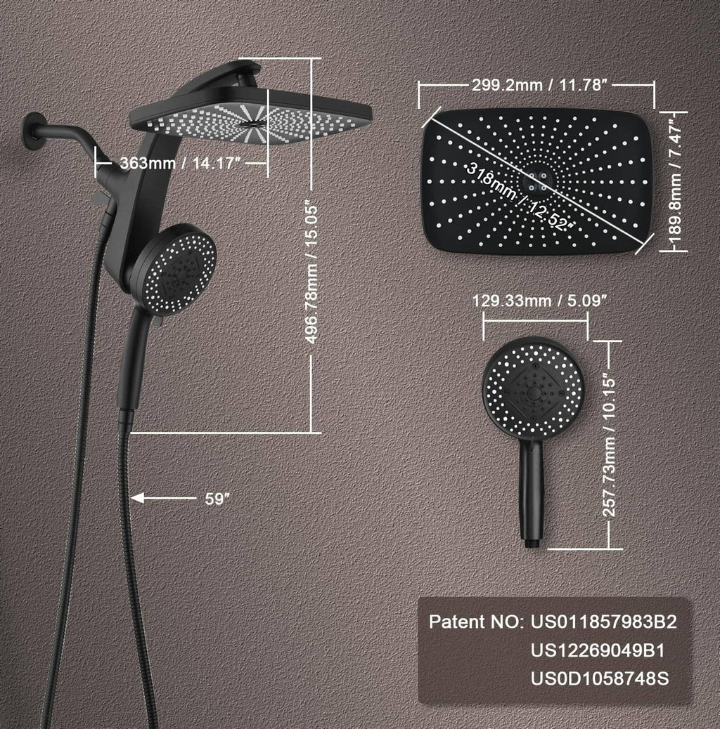Black rain shower head and handheld sprayer with nozzle layout size markings