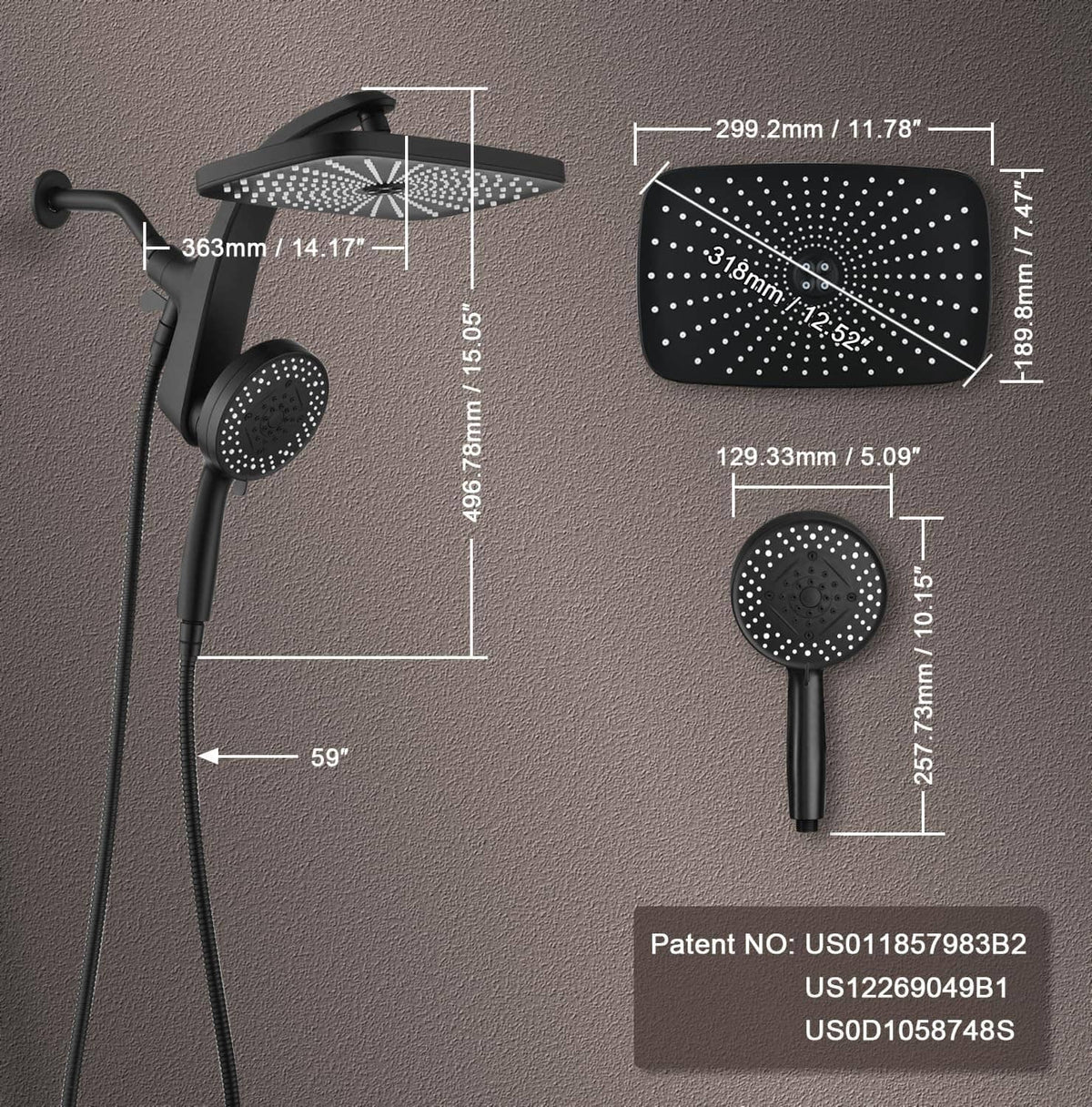 Black rain shower head and handheld sprayer with nozzle layout size markings