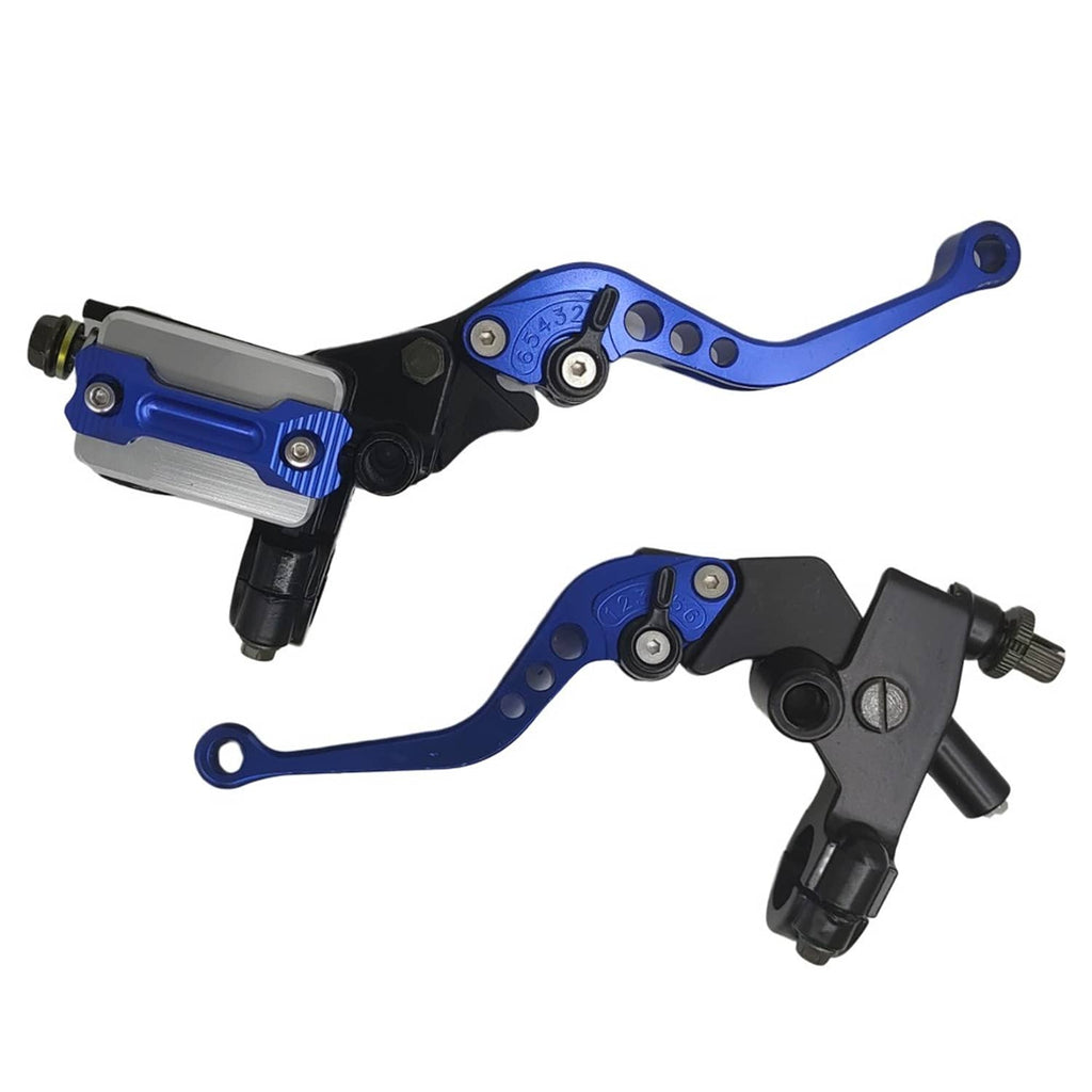Blue motorcycle brake and clutch lever set with silver reservoir covers and black parts