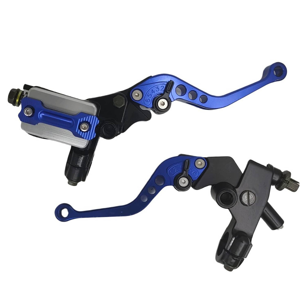 Blue motorcycle brake and clutch lever set with silver reservoir covers and black parts