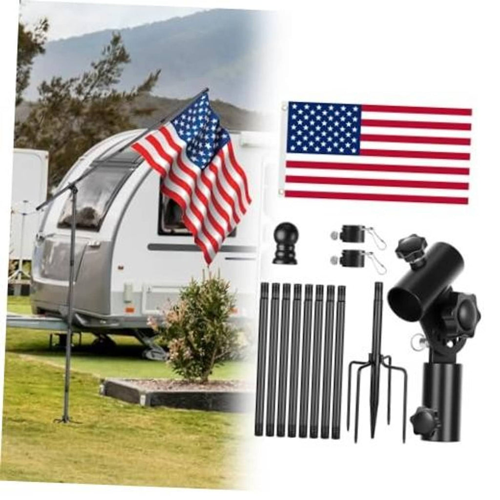 Adjustable portable flag pole kit with black pole, US flag, and mounting stake pieces