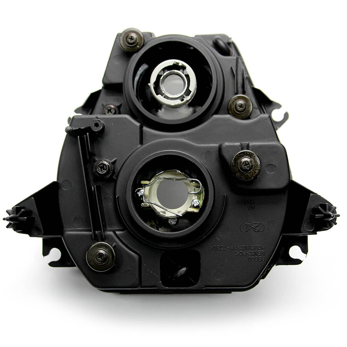 Backside of motorcycle headlight assembly with mounting points and circular connector