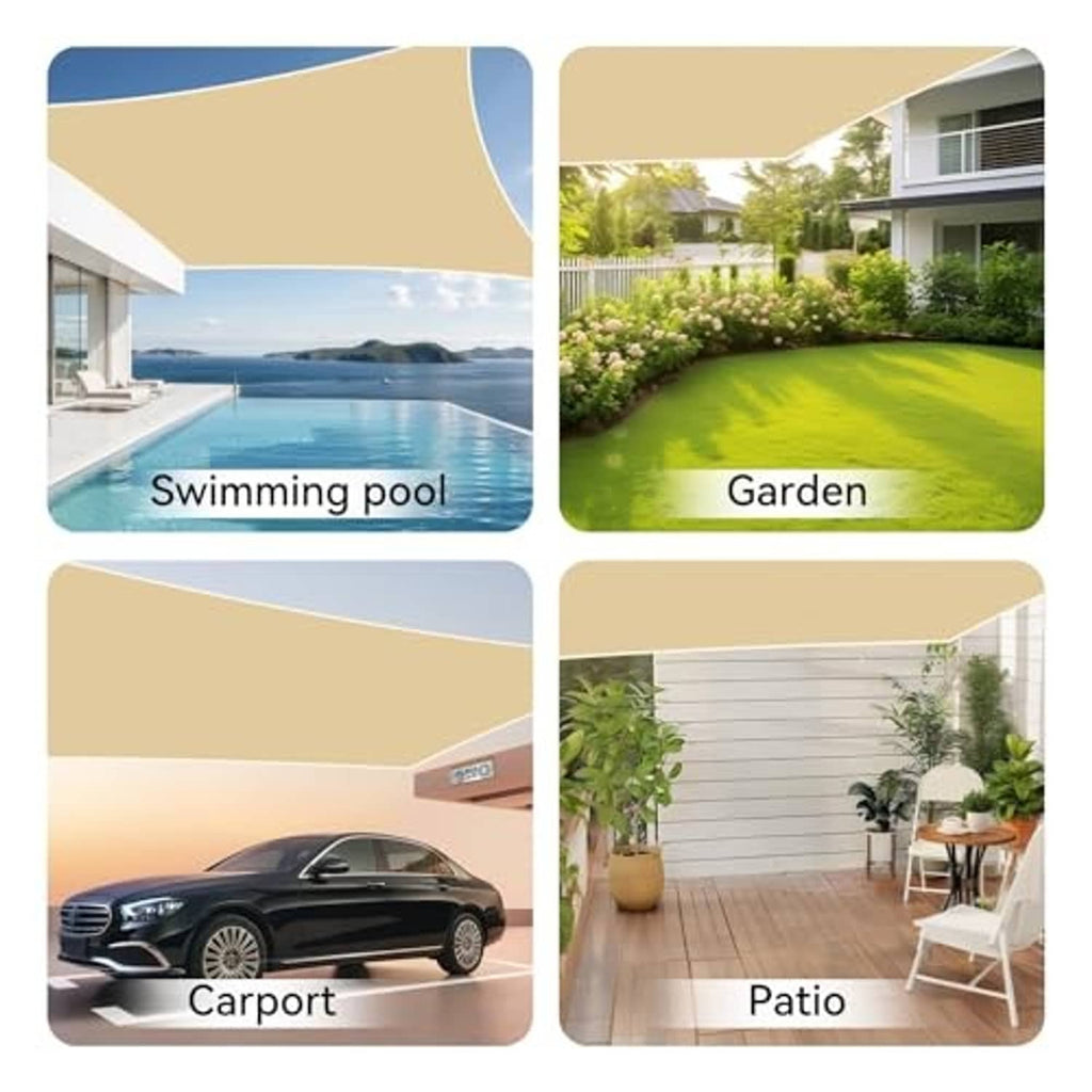 Beige sun shade cover shown across outdoor area icons