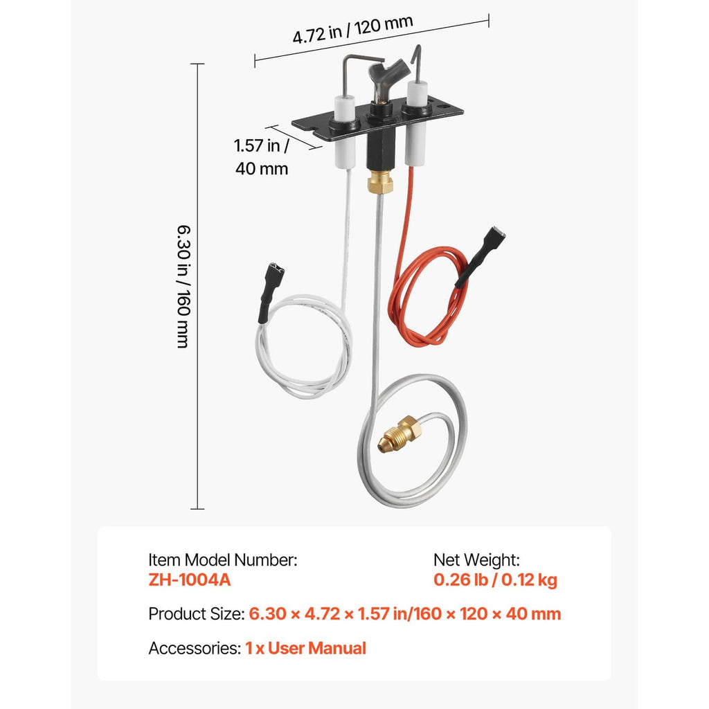Gas pilot assembly with dimensions, mounting plate, brass fittings, and three lead wires