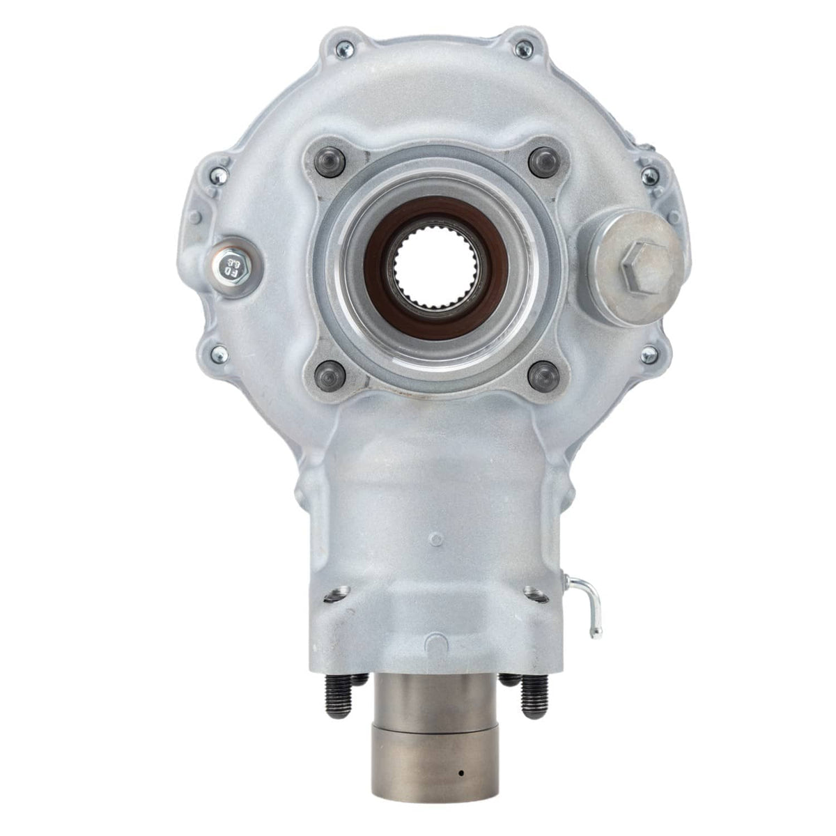 Rear differential housing, silver metal case with circular bearing hub opening
