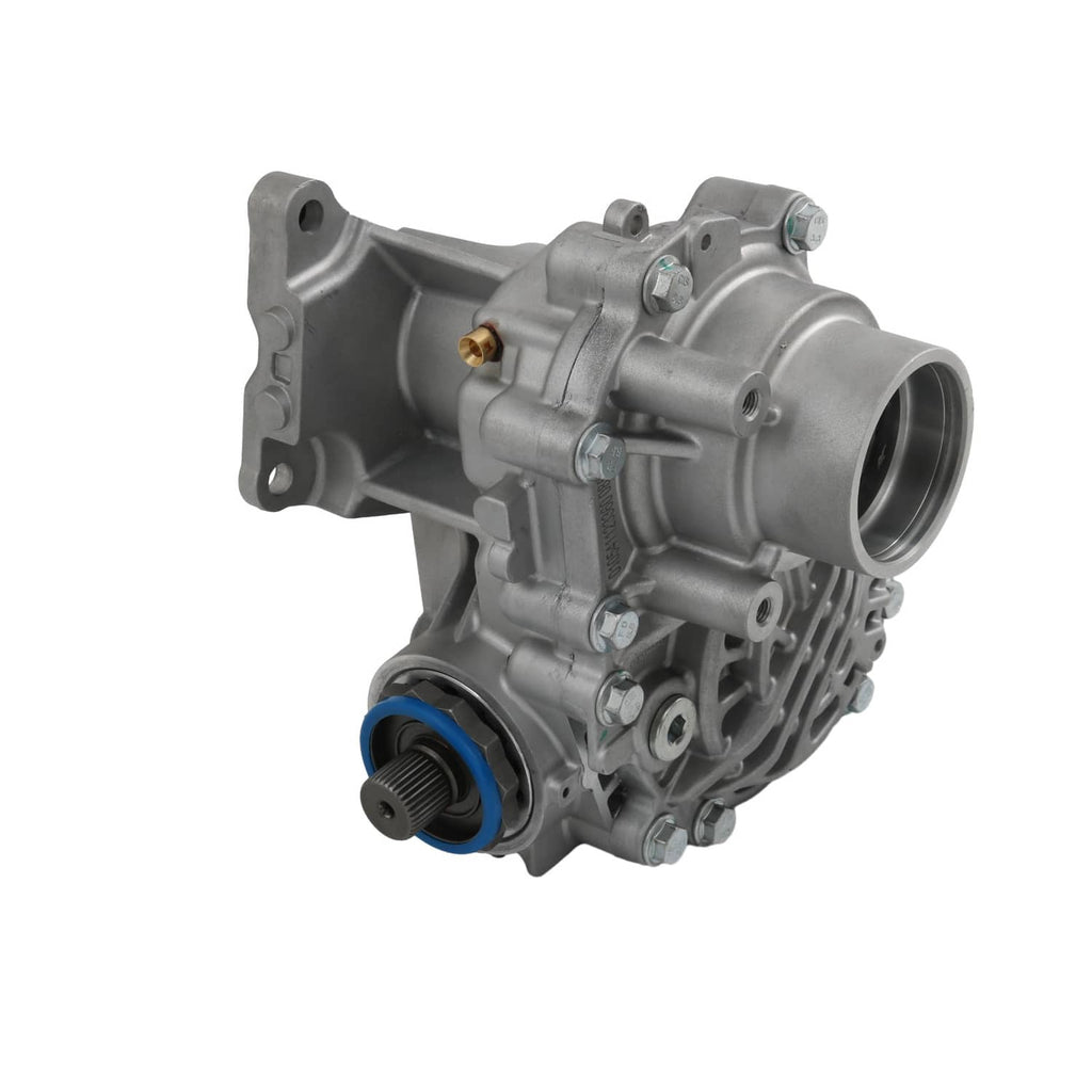 Transfer case housing assembly with large side opening and blue-ring cap at base
