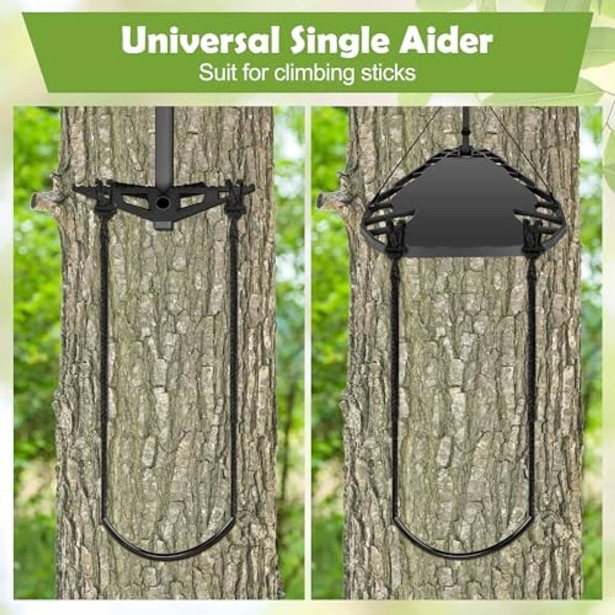 Black single-step rope ladder aider on a tree, U-shaped loop hanging below