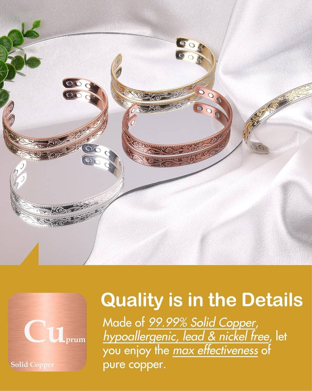 Engraved copper magnetic bracelets set with floral scrollwork and round stud details