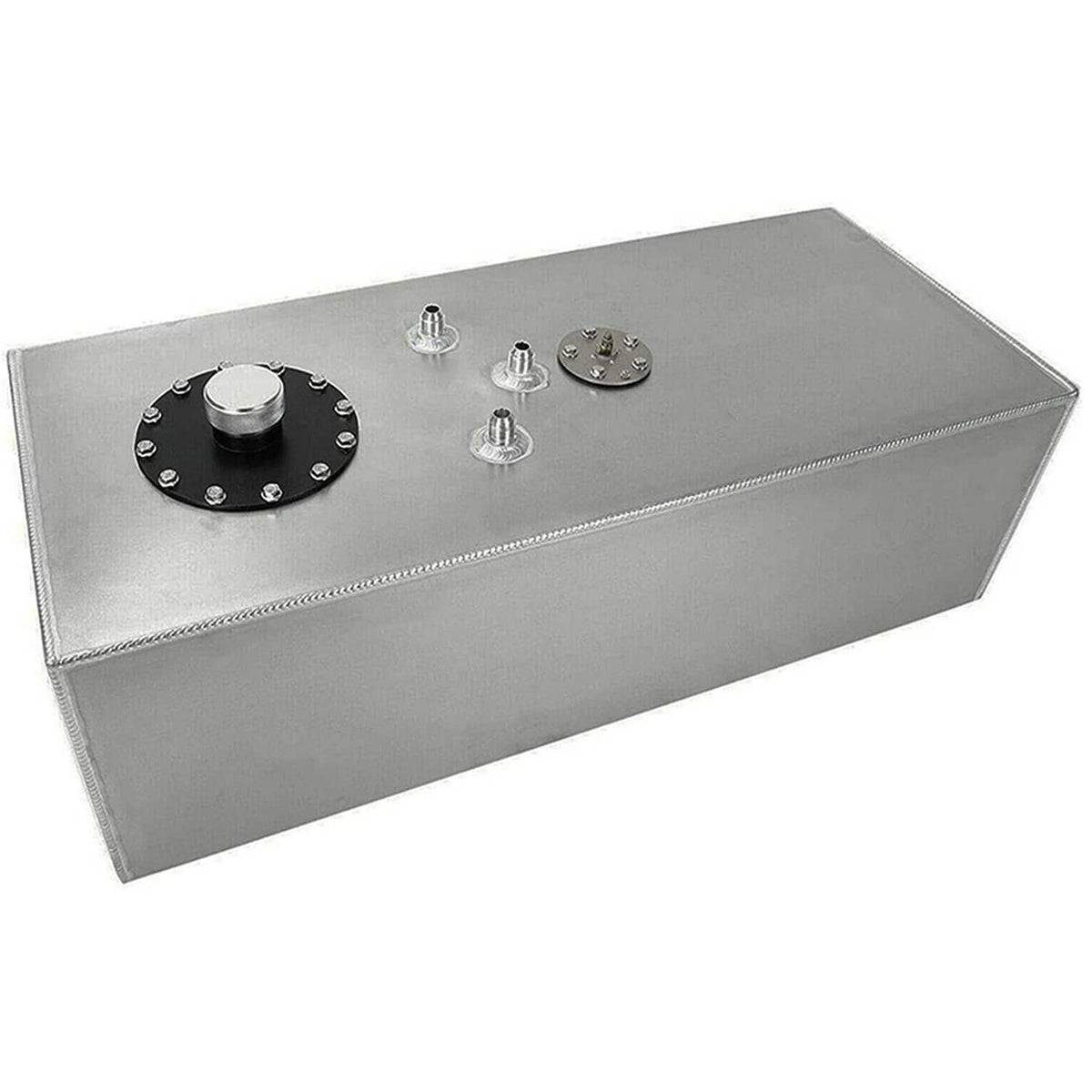 Aluminum racing fuel cell tank with black fuel cap and mounted level sender
