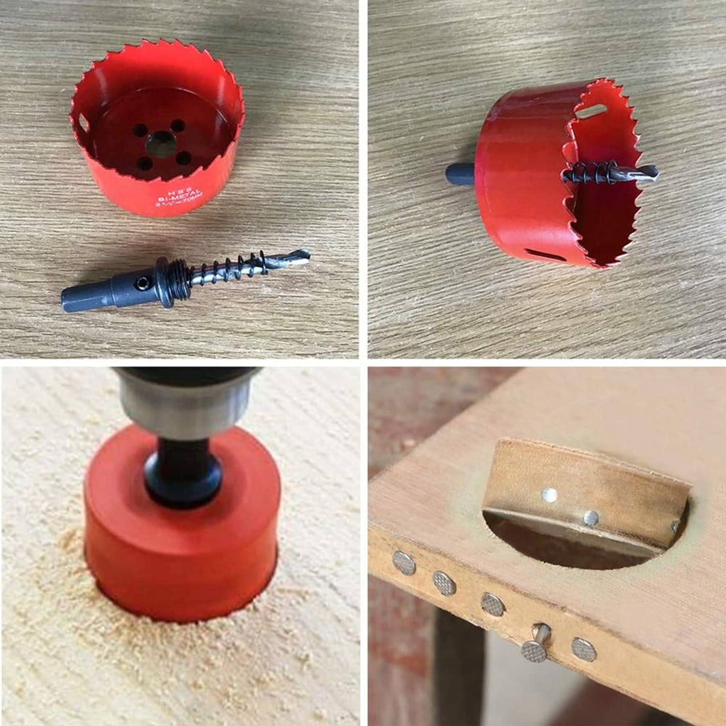 Red hole saw cutter and arbor drill bit mounted on a drill with cut wood piece shown