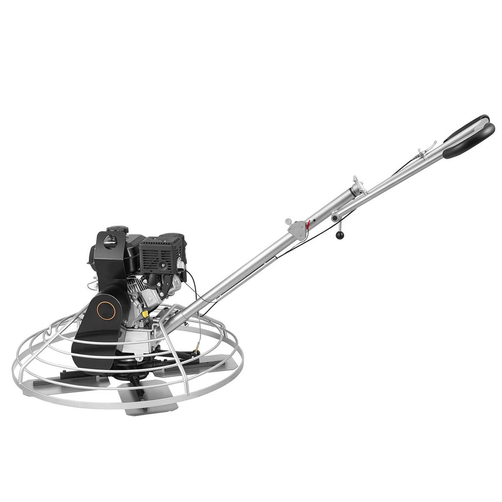 Gas concrete power trowel with engine housing and circular float pan, side view