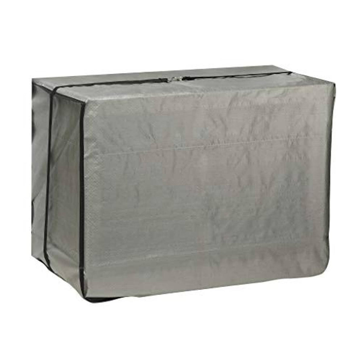 Gray window air conditioner cover with black trim, unfolded for easy placement