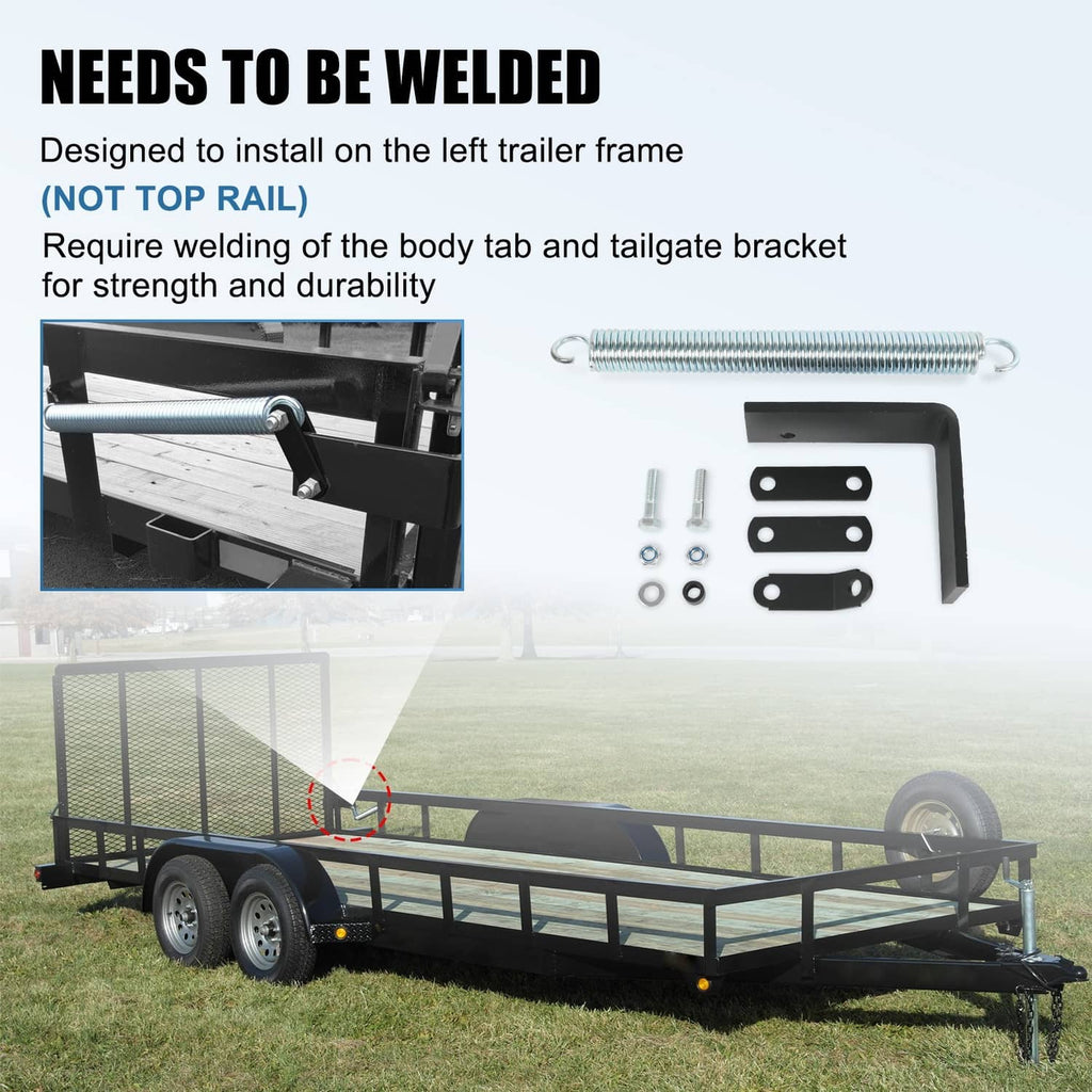 Trailer tailgate spring lift assist kit with left frame bracket, spring, bolts, mounting tabs