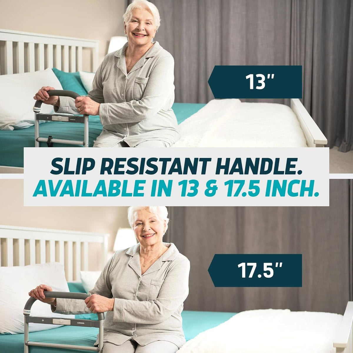 Bed assist rail with slip-resistant curved handle and non-slip grip bar