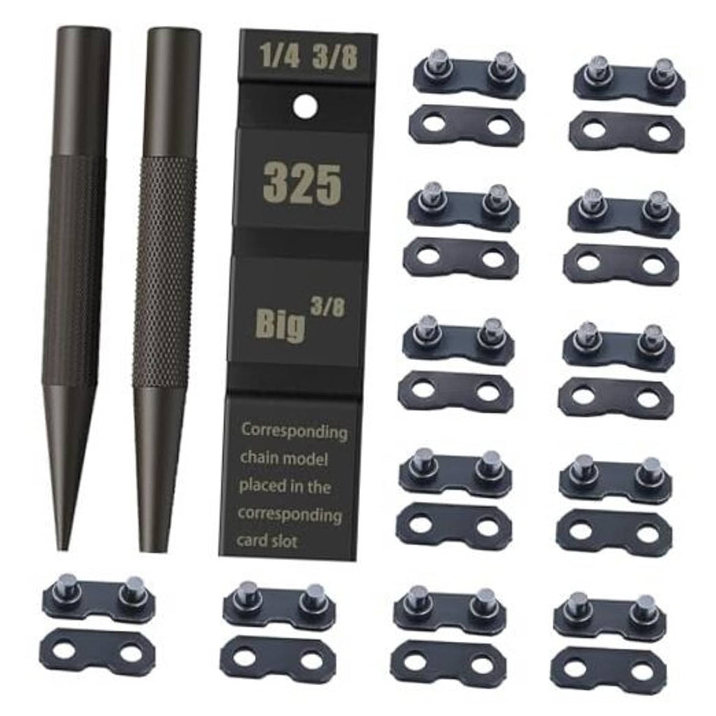 Chain link repair kit with two pocket tools, 325 preset strips, and metal joiner links