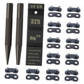 Chain link repair kit with two pocket tools, 325 preset strips, and metal joiner links