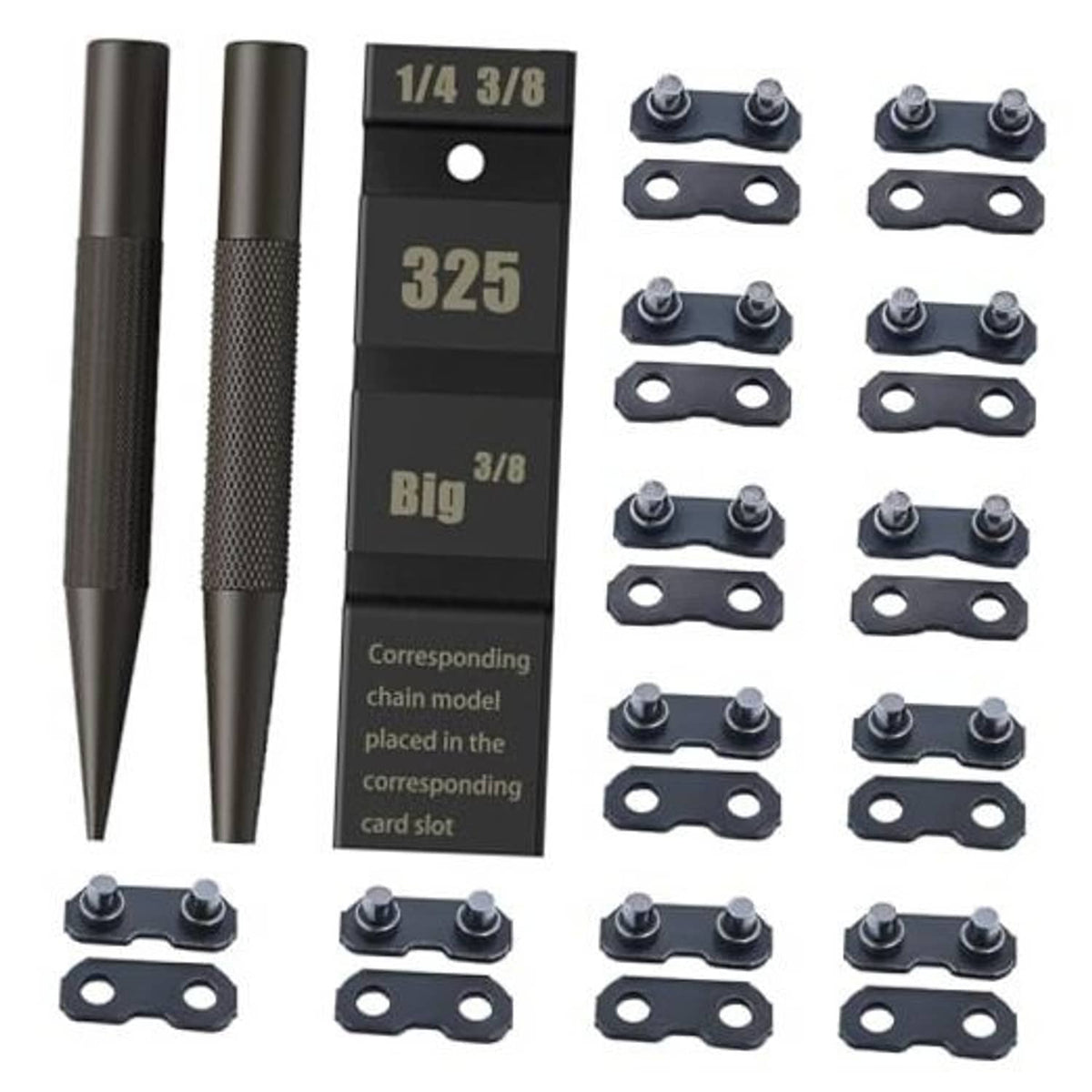 Chain link repair kit with two pocket tools, 325 preset strips, and metal joiner links