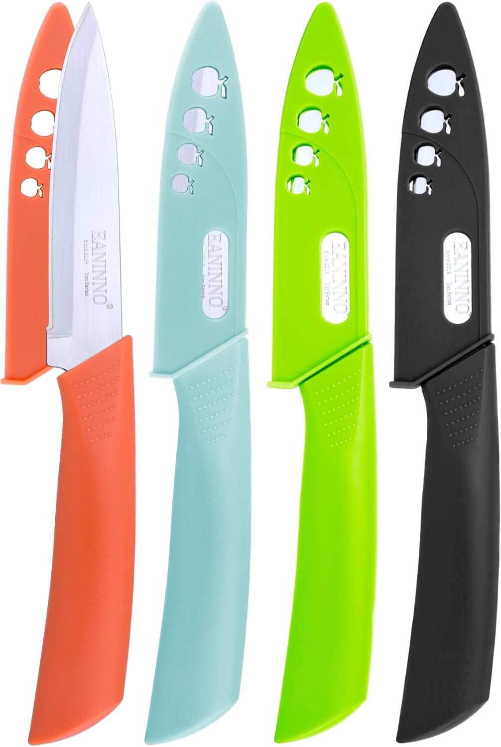 Set of 4 paring knives showing white blades with orange, mint, green, and black handles