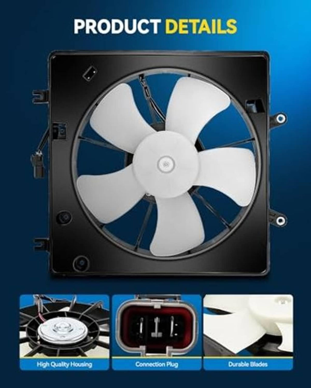 Radiator cooling fan assembly in black housing with white blades and connector area