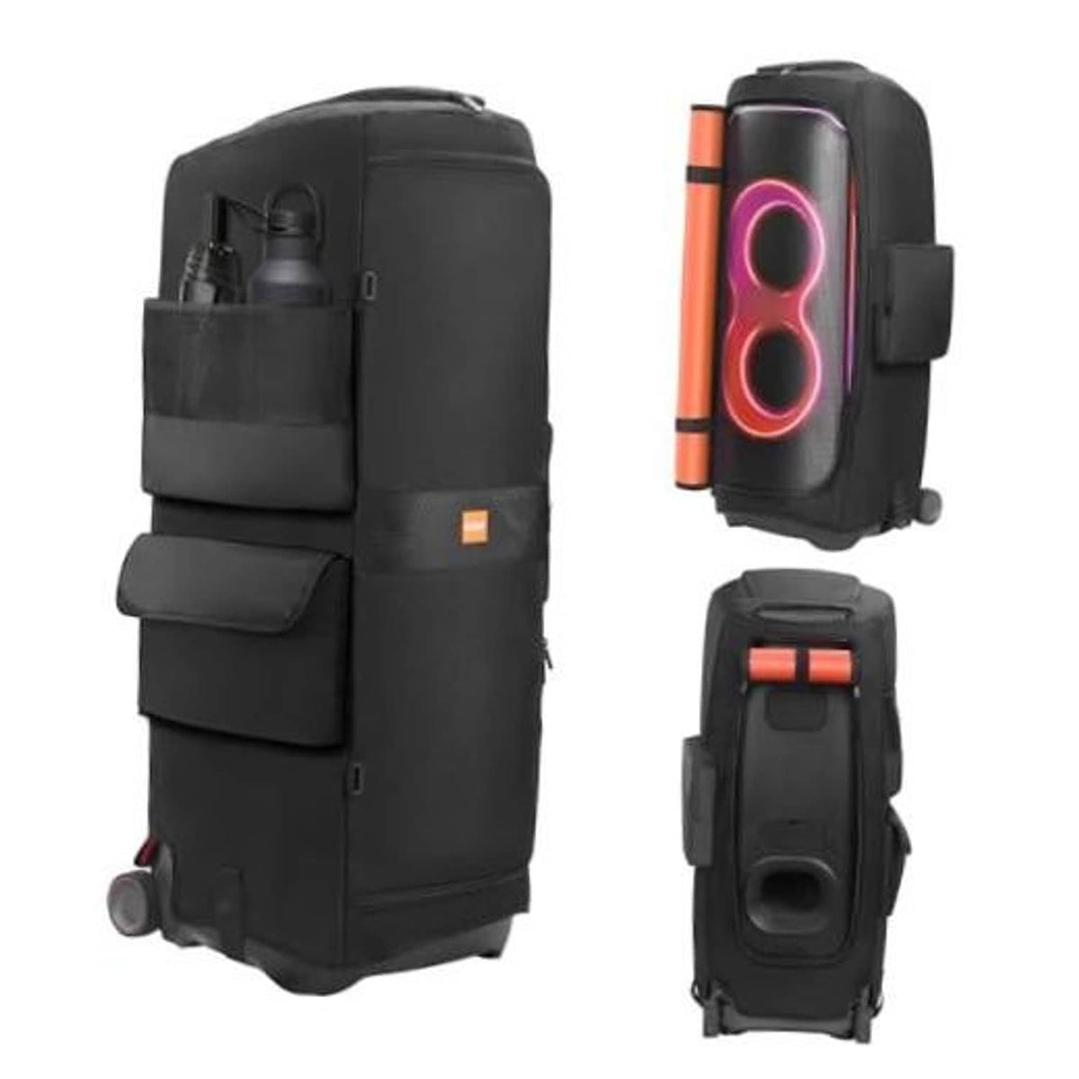 Black speaker storage case with front organizer pockets and carrying handles