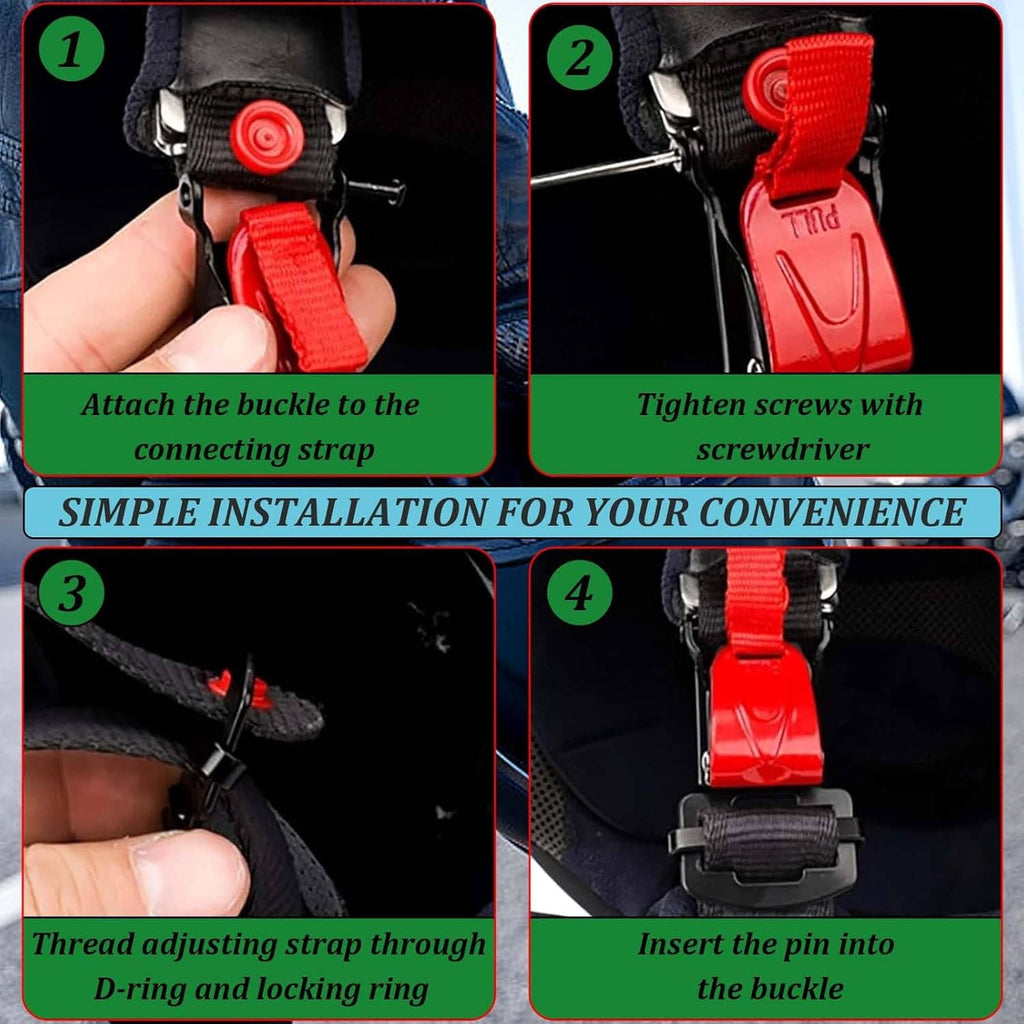 Helmet quick-release buckle installation steps: attach strap, tighten screws, lock pin