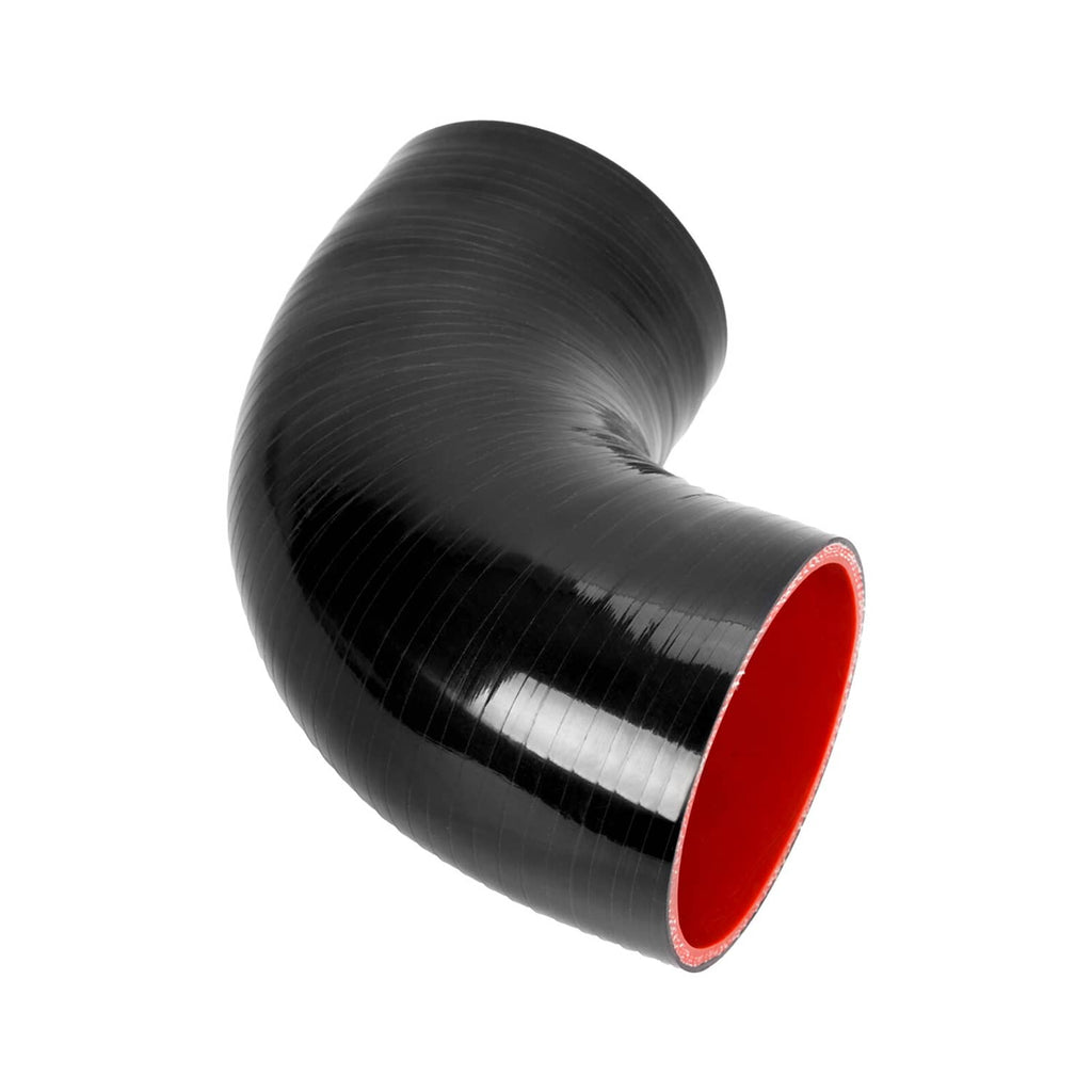 Curved black silicone intake/intercooler hose coupler with red-lined ends