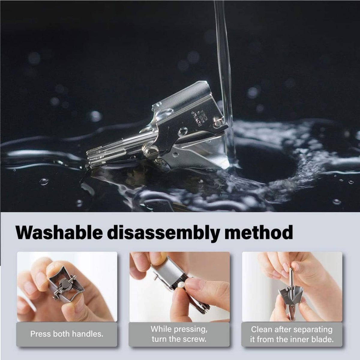 Silver manual nose and ear hair trimmer with water splash, washable design