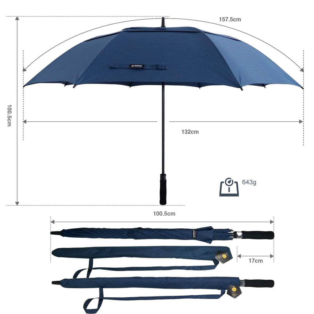 72-inch blue golf umbrella with black shaft and protective carrying sleeve